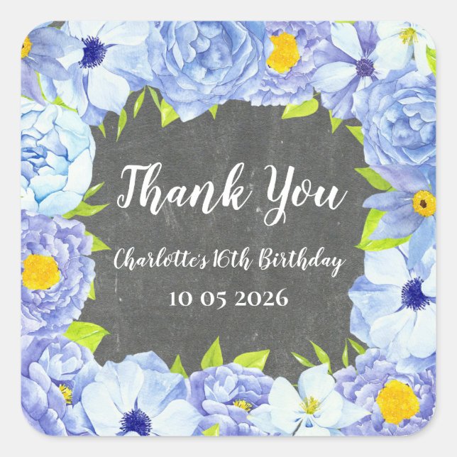 Blue Flowers Thank You Birthday Favour Tag (Front)