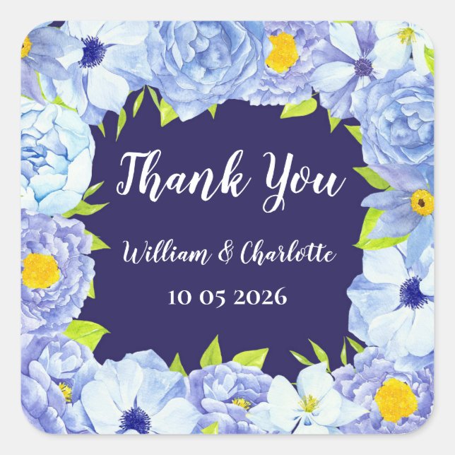 Blue Flowers Thank You Wedding Favour Tag (Front)