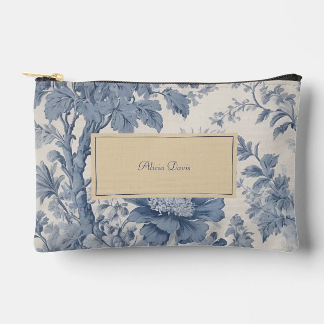 Blue Flowers Toile de Jouy your name  Accessory Pouch (Front)