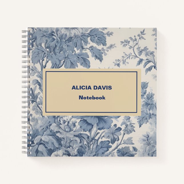 Blue Flowers Toile de Jouy your name  Notebook (Front)