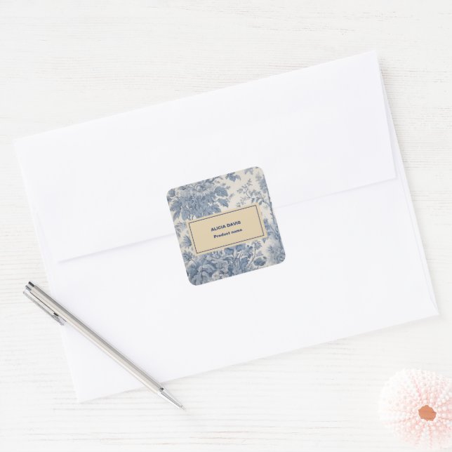 Blue Flowers Toile de Jouy your name  Square Sticker (Envelope)