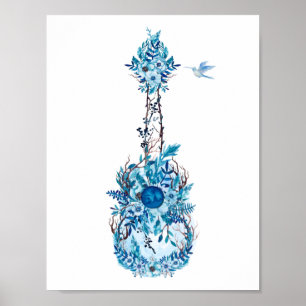 Blue Flowers Ukulele Poster