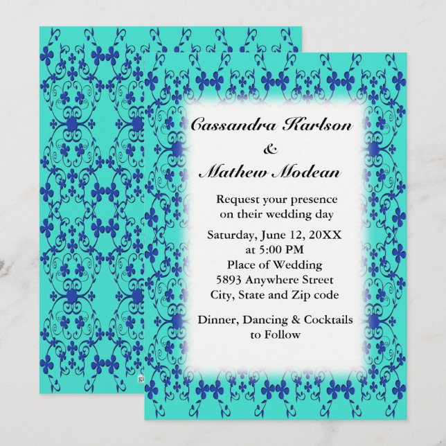 Blue Flowers Vines Turquoise or Colour Choice Wed Invitation (Front/Back)