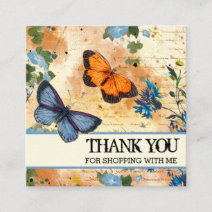 Blue Flowers Vintage Butterfly Thank You Logo Square Business Card