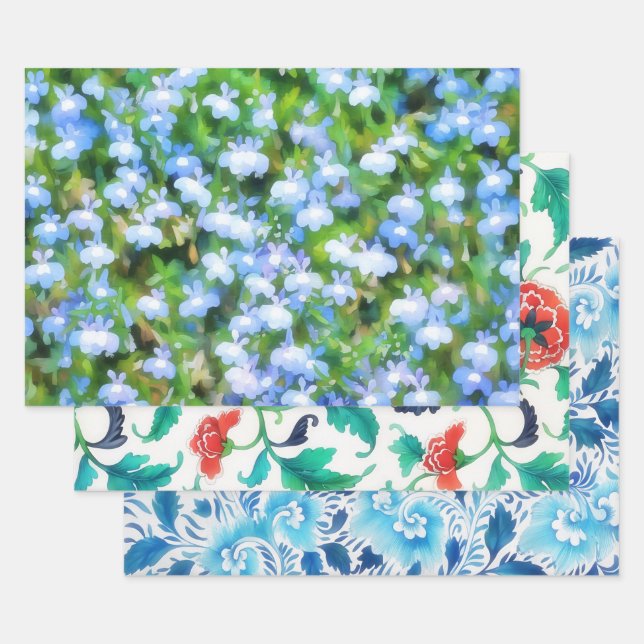 Blue Flowers Vintage Floral Wrapping Craft Paper (Set)