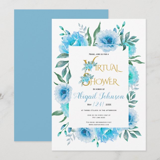 Blue flowers virtual baby or bridal shower invitation (Front/Back)