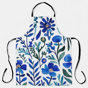 Blue Flowers Watercolor Art Pattern Apron