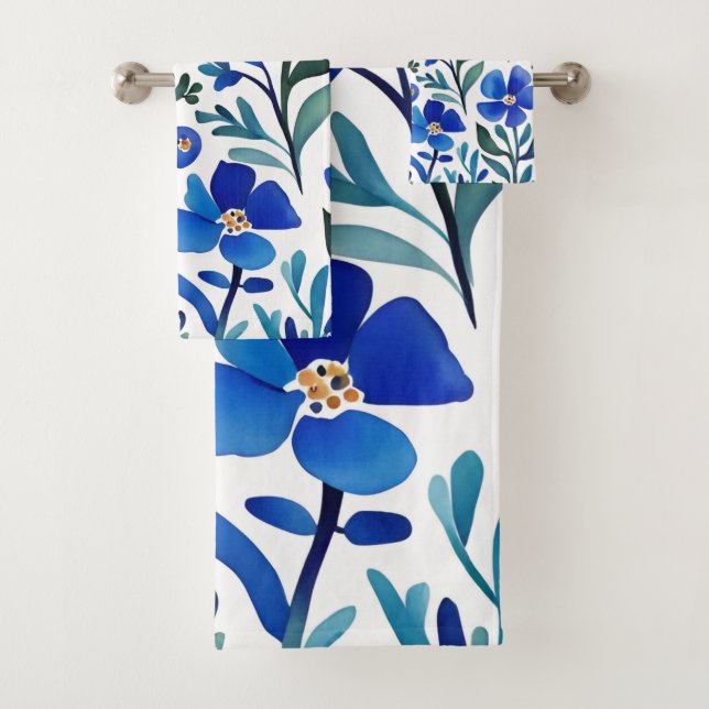 Blue Flowers Watercolor Art Pattern  Bath Towel Set (Insitu)