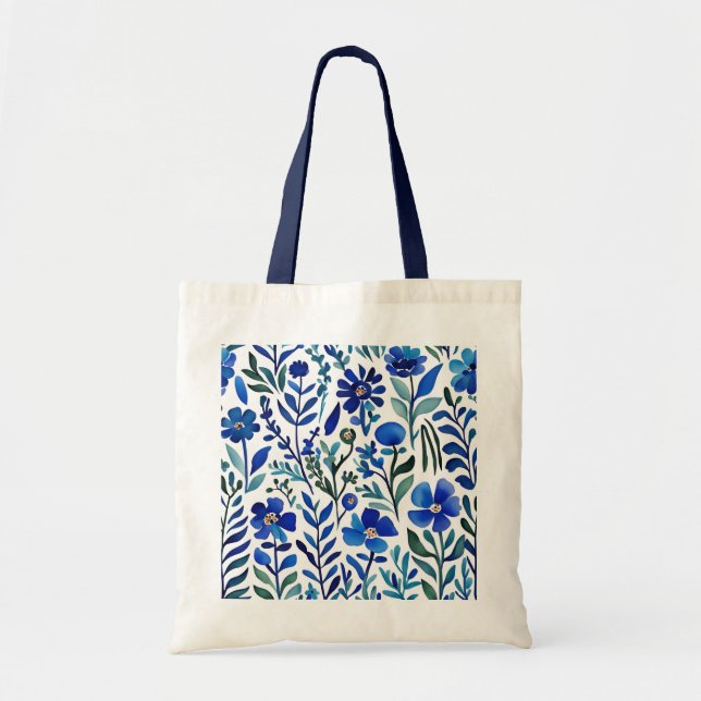 Blue Flowers Watercolor Art Pattern  Tote Bag (Front)