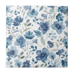Blue Flowers Watercolor Botanical Floral Tile