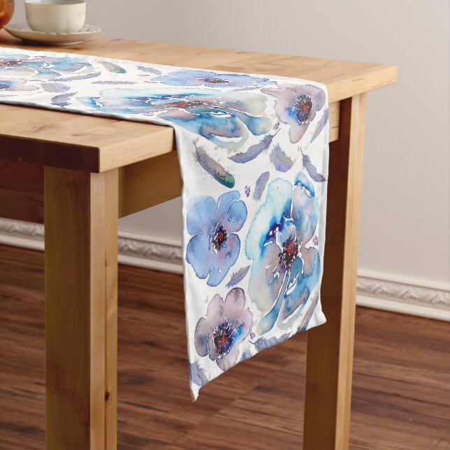 Blue Flowers Watercolor Long Table Runner (In Situ)