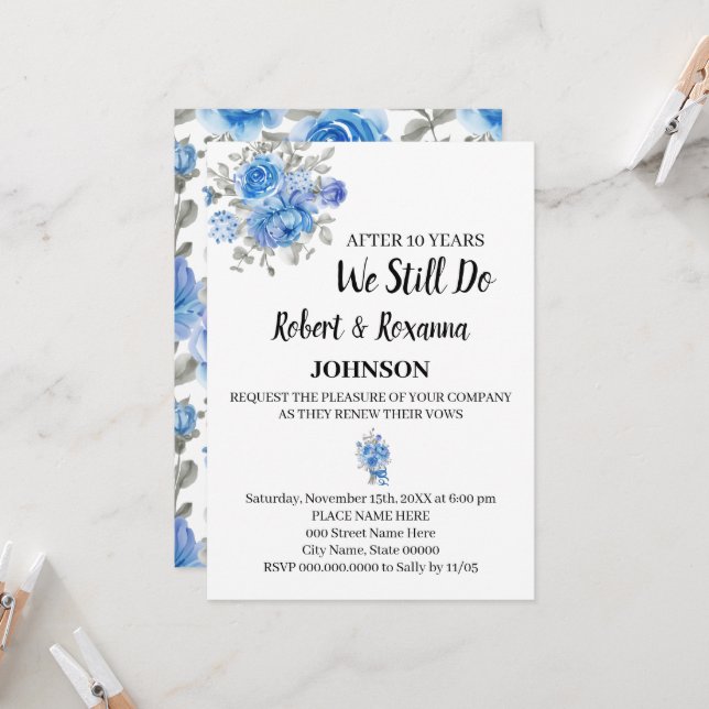 Blue Flowers Wedding Anniversary Renewal Vows   Invitation (Front/Back In Situ)