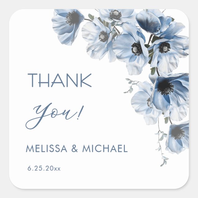Blue Flowers Wedding Thank You Square Sticker (Front)