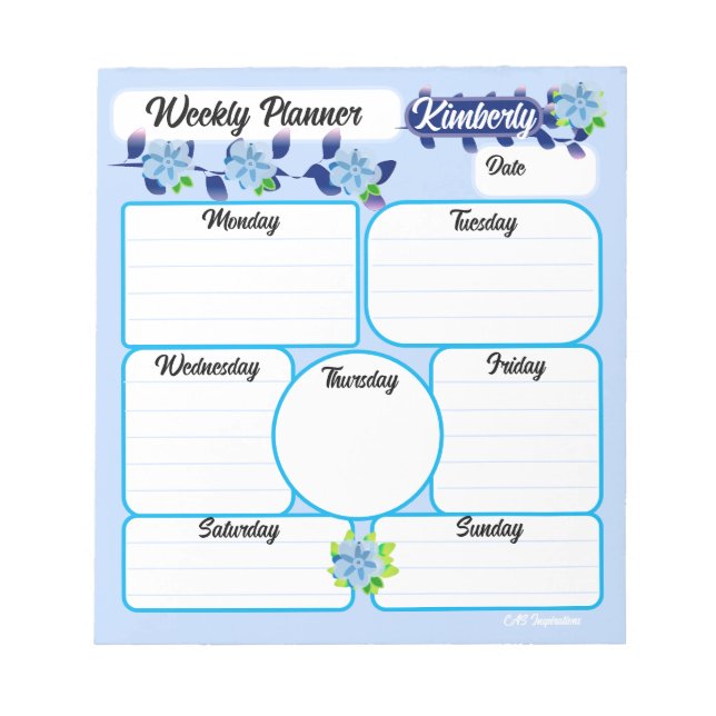 Blue Flowers Weekly Planner Notepad (Front)