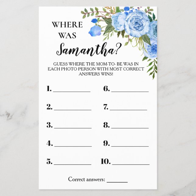 Blue Flowers Where was Mom Baby Shower Game Card (Front)