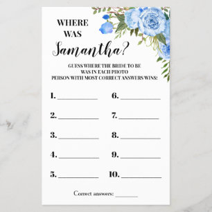 Blue Flowers Where was She Bridal Shower Game card