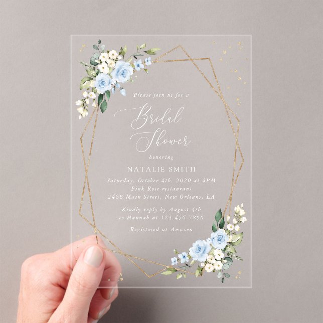 Blue Flowers, White Flowers, Boho, Bridal Shower Acrylic Invitations (Insitu (Handheld))