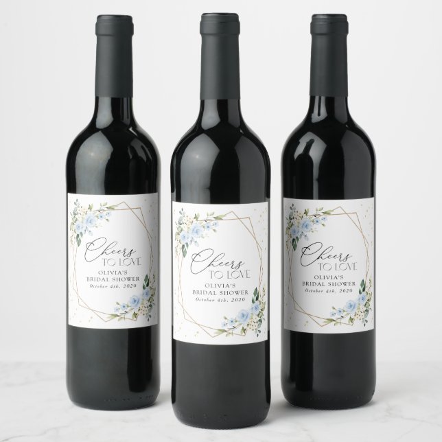 Blue Flowers, White Flowers, Boho, Bridal Shower Wine Label (Bottles)