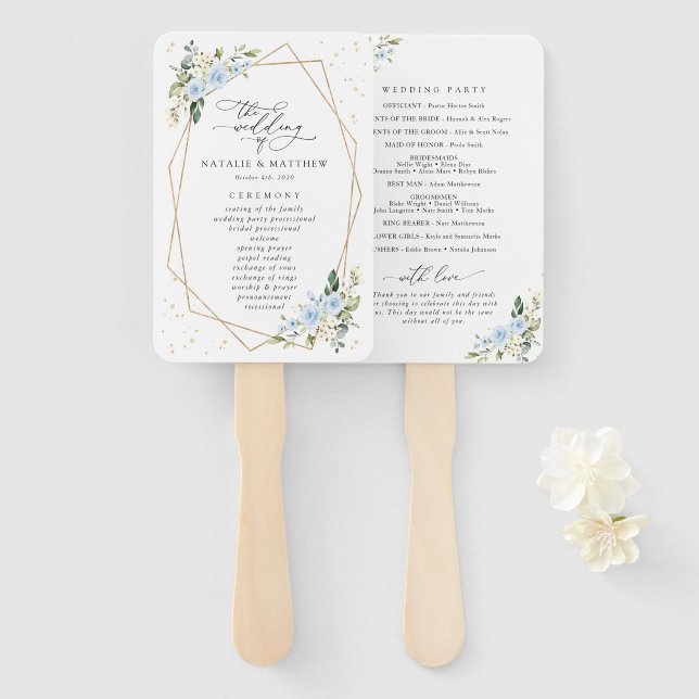 Blue Flowers, White Flowers, Boho, Wedding Program Hand Fan (Front and Back)