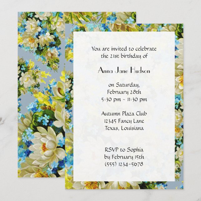 Blue Flowers, White Flowers, Floral Birthday Invitation (Front/Back)