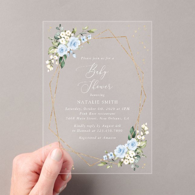 Blue Flowers, White Flowers, Greenery, Baby Shower Acrylic Invitations (Insitu (Handheld))