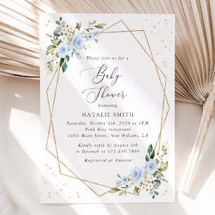 Blue Flowers, White Flowers, Greenery, Baby Shower Invitation