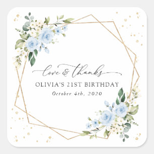 Blue Flowers, White Flowers, Greenery, Birthday Square Sticker