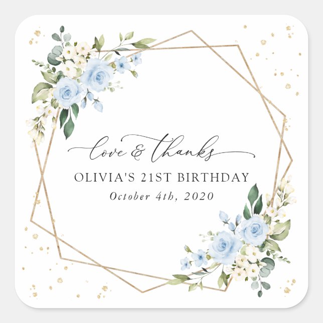 Blue Flowers, White Flowers, Greenery, Birthday Square Sticker (Front)