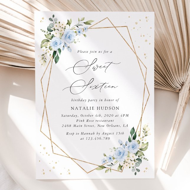 Blue Flowers, White Flowers, Greenery, Sweet 16 Invitation (Creator Uploaded)