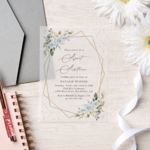 Blue Flowers, White Flowers, Greenery, Sweet 16 Vellum Invitations