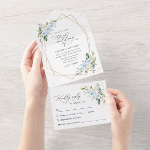 Blue Flowers, White Flowers, Greenery, Wedding All In One Invitation
