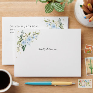 Blue Flowers, White Flowers, Greenery, Wedding Envelope