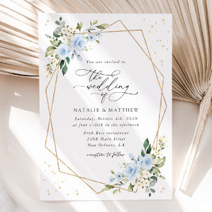 Blue Flowers, White Flowers, Greenery, Wedding Invitation