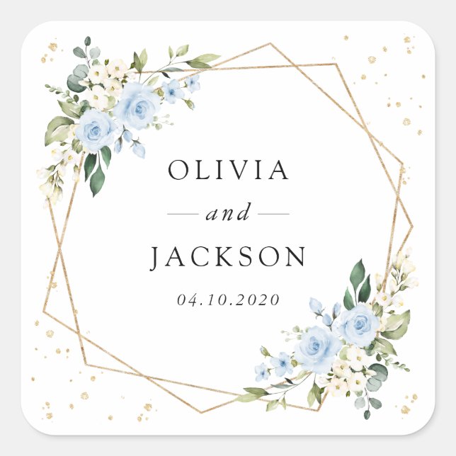 Blue Flowers, White Flowers, Greenery, Wedding Square Sticker (Front)