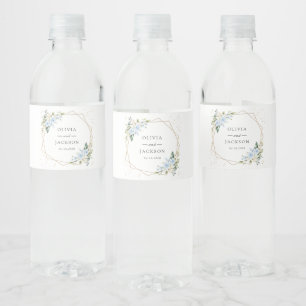 Blue Flowers, White Flowers, Greenery, Wedding Water Bottle Label