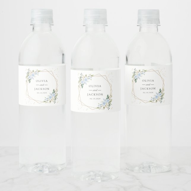 Blue Flowers, White Flowers, Greenery, Wedding Water Bottle Label (Bottles)