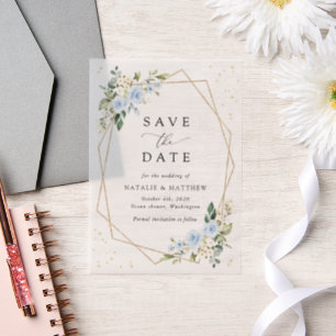 Blue Flowers, White Flowers, Wedding Save The Date Vellum Invitations