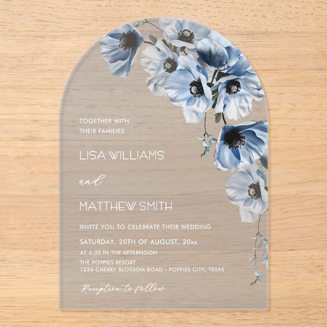 Blue Flowers White Wedding Acrylic Invitations (Front)
