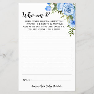 Blue Flowers Who I am Baby Shower Game Card