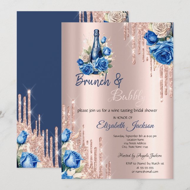 Blue Flowers Wine Drips Brunch & Bubbly  Invitation (Front/Back)