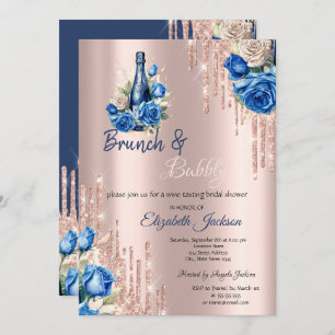 Blue Flowers Wine Drips Brunch & Bubbly  Invitation