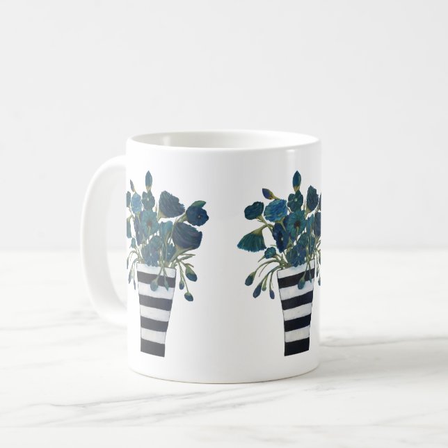 Blue Flowers with Striped Vase Fine Art Coffee Mug (Front Left)