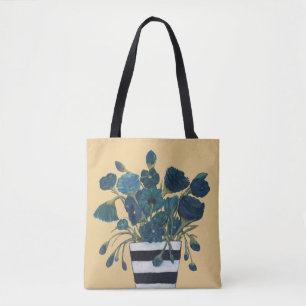 Blue Flowers with Striped Vase Fine Art Tote Bag