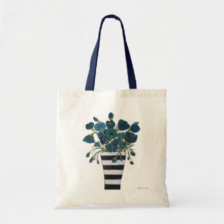 Blue Flowers with Striped Vase Fine Art Tote Bag