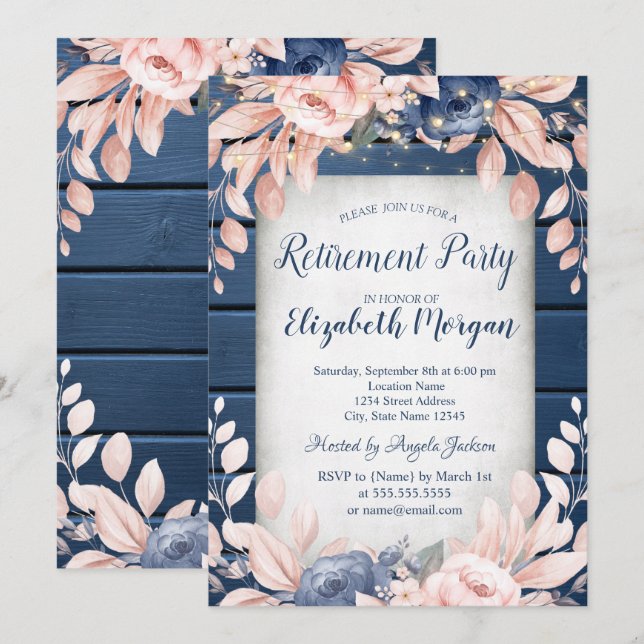 Blue Flowers Wood Retirement Party Invitation (Front/Back)