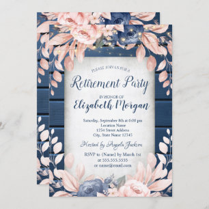 Blue Flowers Wood Retirement Party Invitation