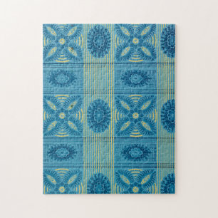 Blue  flowers yellow stripes vintage art Pattern  Jigsaw Puzzle