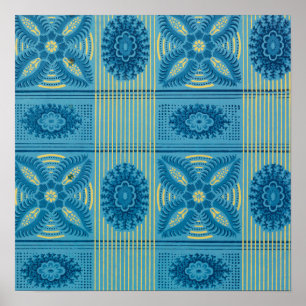 Blue  flowers yellow stripes vintage art Pattern  Poster