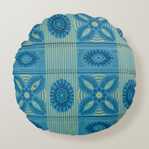 Blue flowers yellow stripes vintage art Pattern Round Cushion