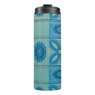 Blue flowers yellow stripes vintage art Pattern Thermal Tumbler